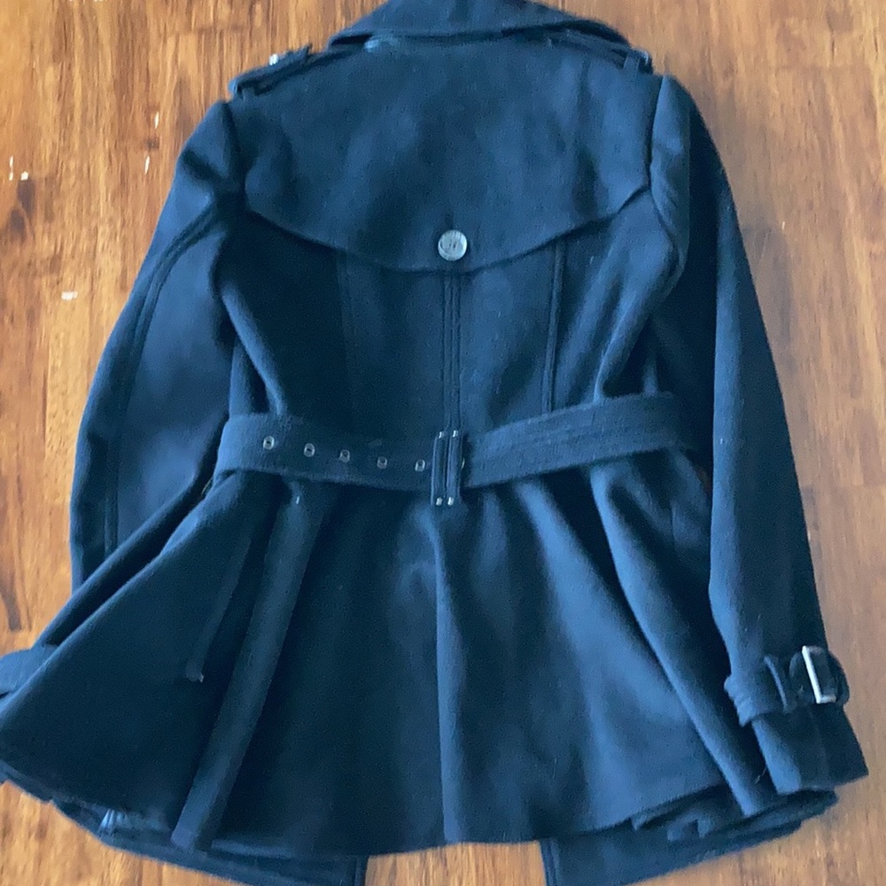 BCBGMaxAzria Black Peplum Winter Pea Coat Size Small Overcoat Ruffles Women GUC - Picture 6 of 9